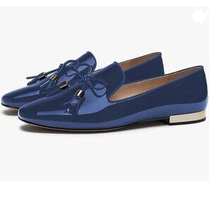 FOWT Blue Cute Bow Knot Almond Toe Loafer Golden Low Chunky Heel Lace Up Pumps